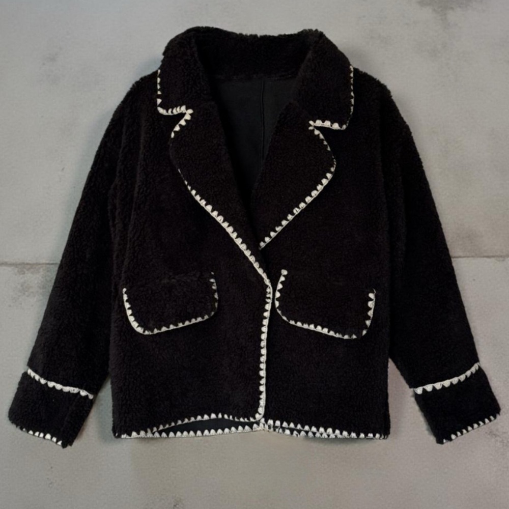 CHOUYATOU • Sherpa Fleece Jacket Casual Collar Fuzzy Coat Contrast Trims - Picture 8 of 8